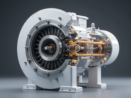 High quality marine motor with detailed engineering components visible, silver metallic finish, professional studio lighting